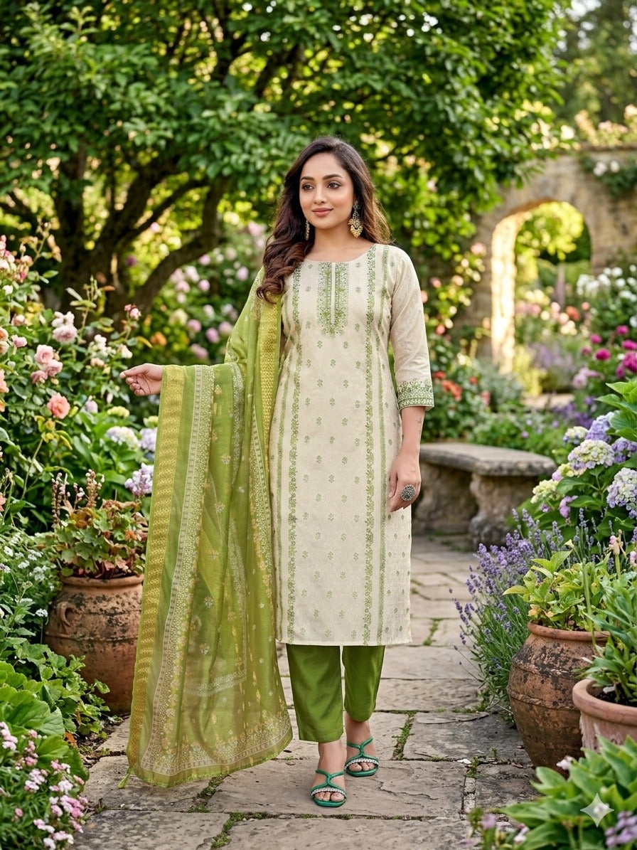 Jacquard Simmar Handwork Kurta with Dyeable Chanderi Pants & Printed Organza Dupatta