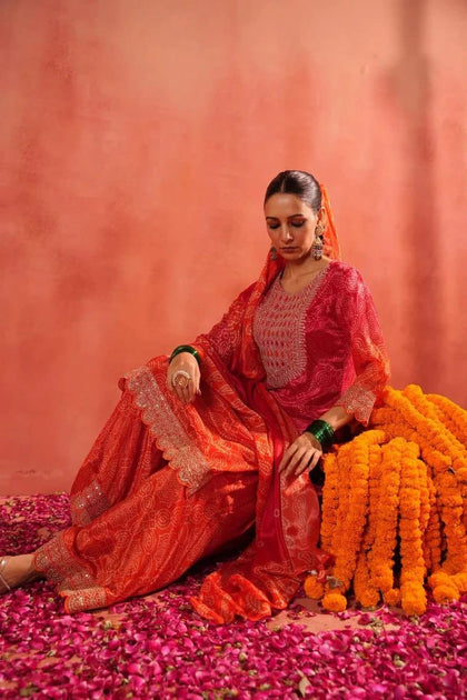 Festive Chinon Silk Bandhej Print Sharara Set | Heavy Sequence Embroidery