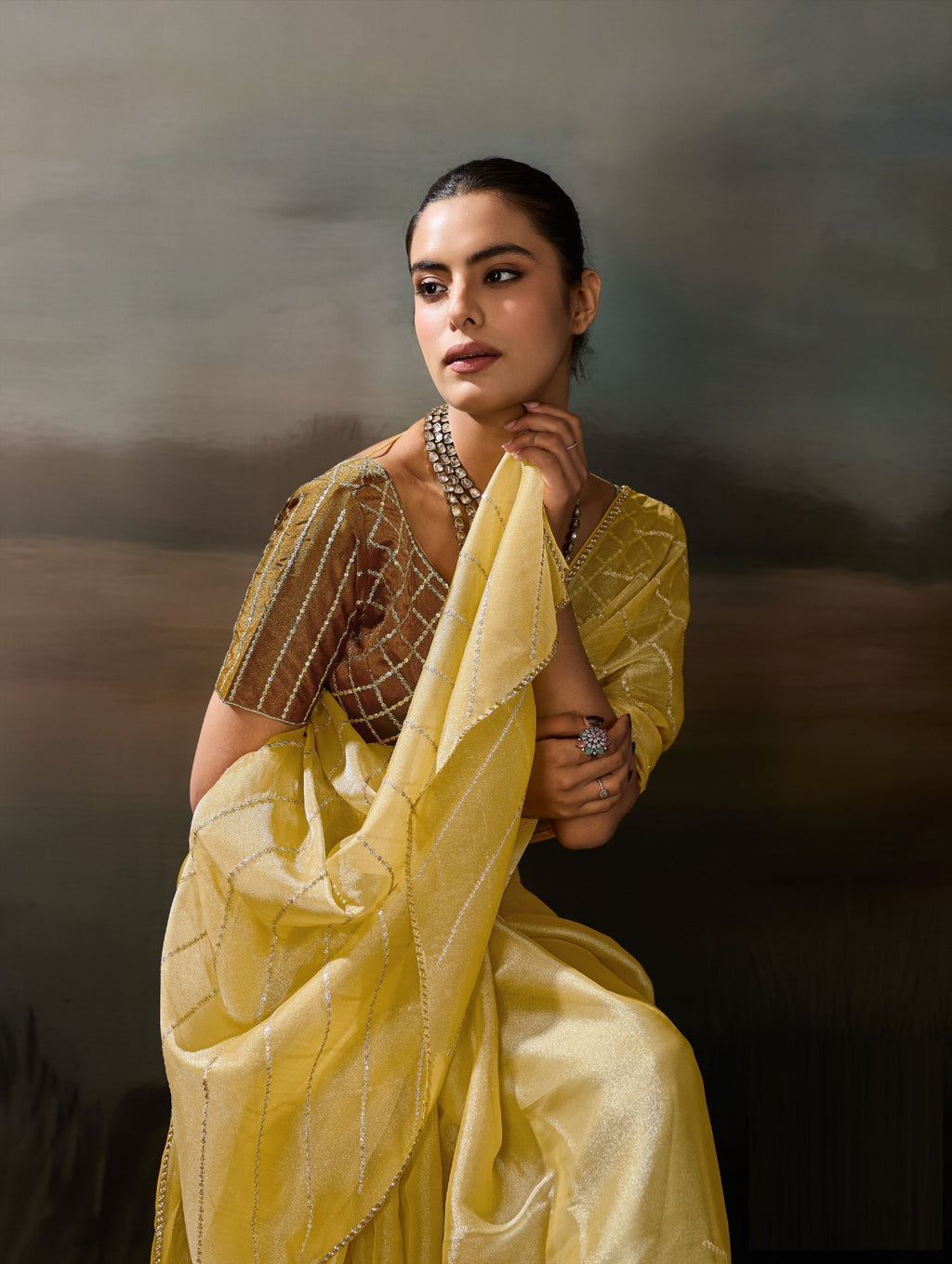Grainy Moss Chiffon Saree with Cutdana Border & Heavy Embroidered Blouse