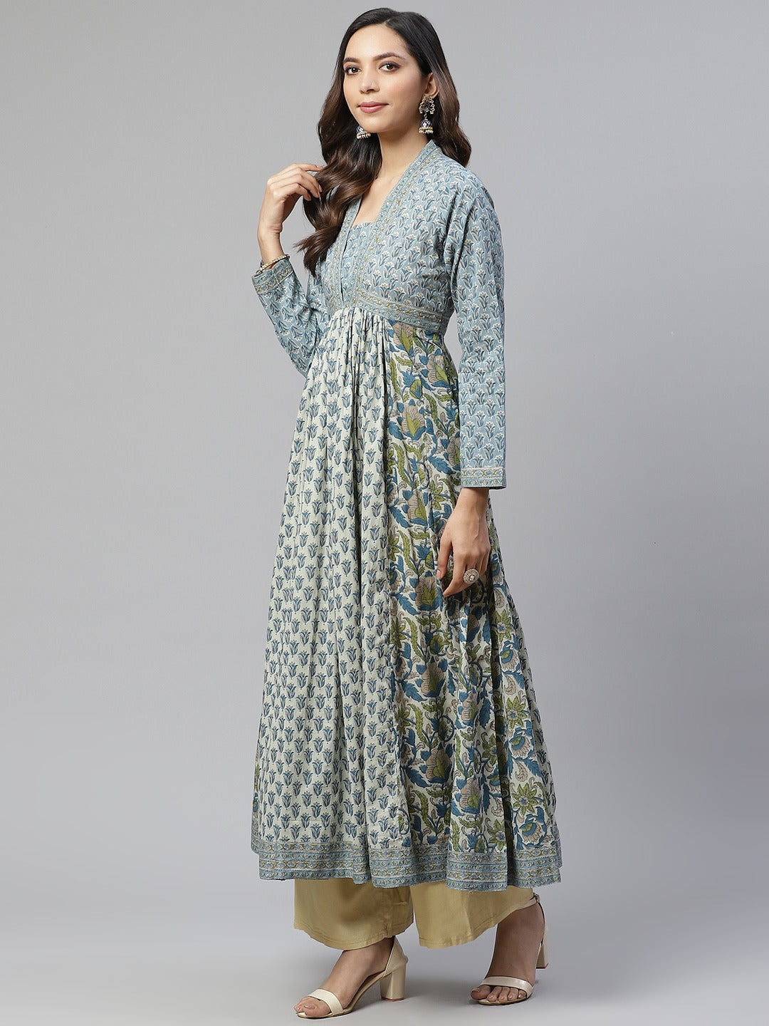 Elegant Flared Cotton Block Print Kurta with Sequin Work