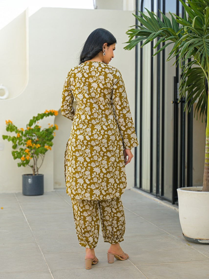 Olive Green Pure Cotton Kurta Afghani Co-ord Set