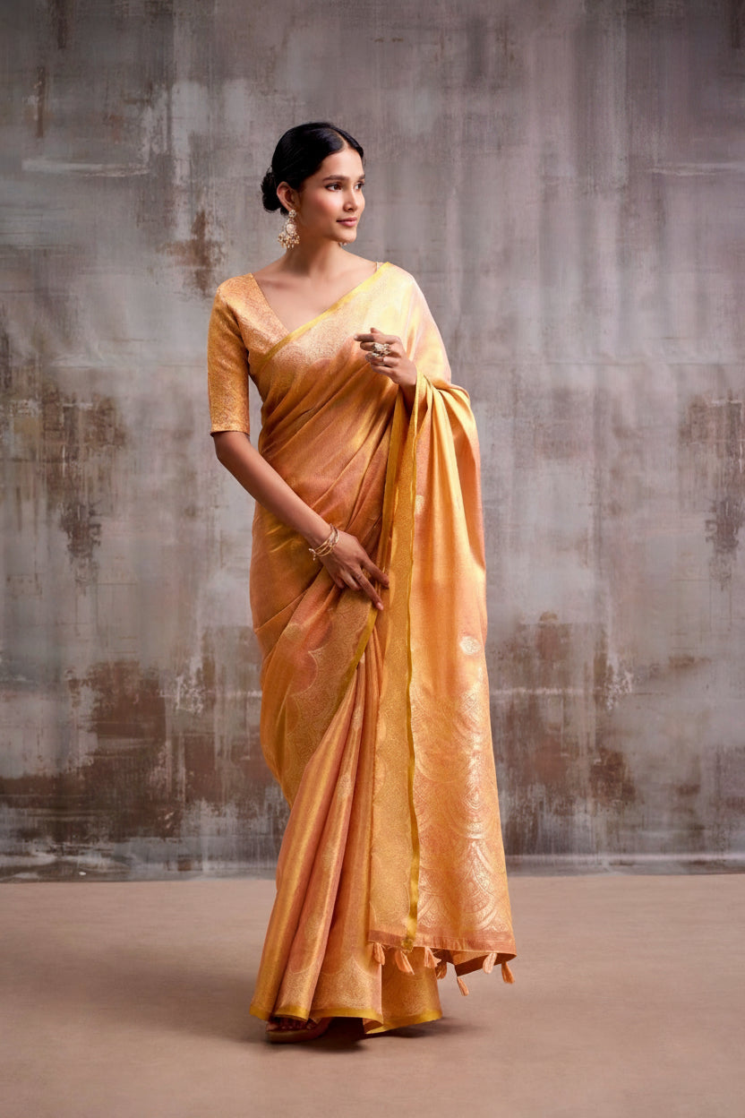 Luminous Grace: Designer Tissue Silk Saree with Matching Blouse Piece