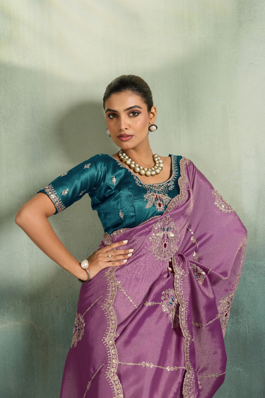 Premium Self-Stripe Giraffe Saree with Handcrafted Butta & Contrast Satin Blouse