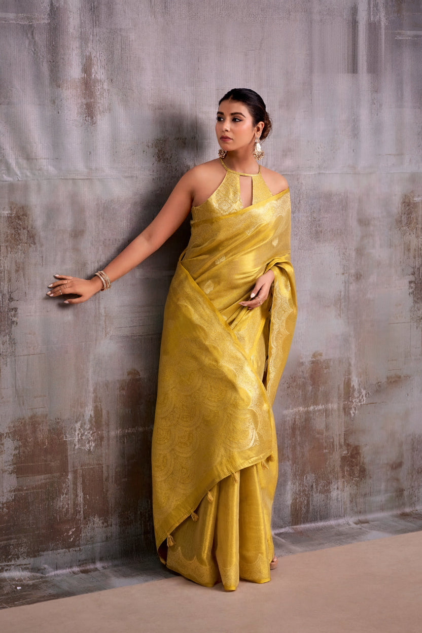Luminous Grace: Designer Tissue Silk Saree with Matching Blouse Piece