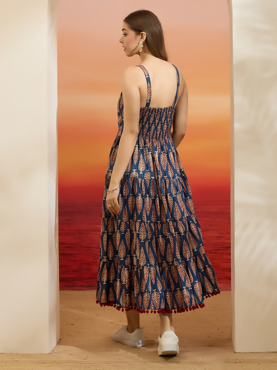Blue Leaf-Print Pure Cotton Fit & Flare Dress with Pom-Pom Lace