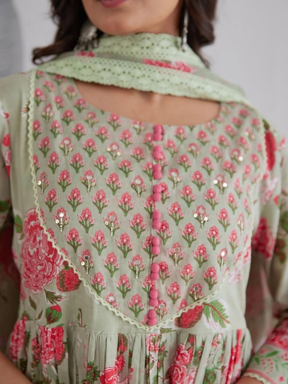 Pure Jaipuri Cotton Floral Anarkali 3-Piece Set with Handwork Yoke & Lace Dupatta