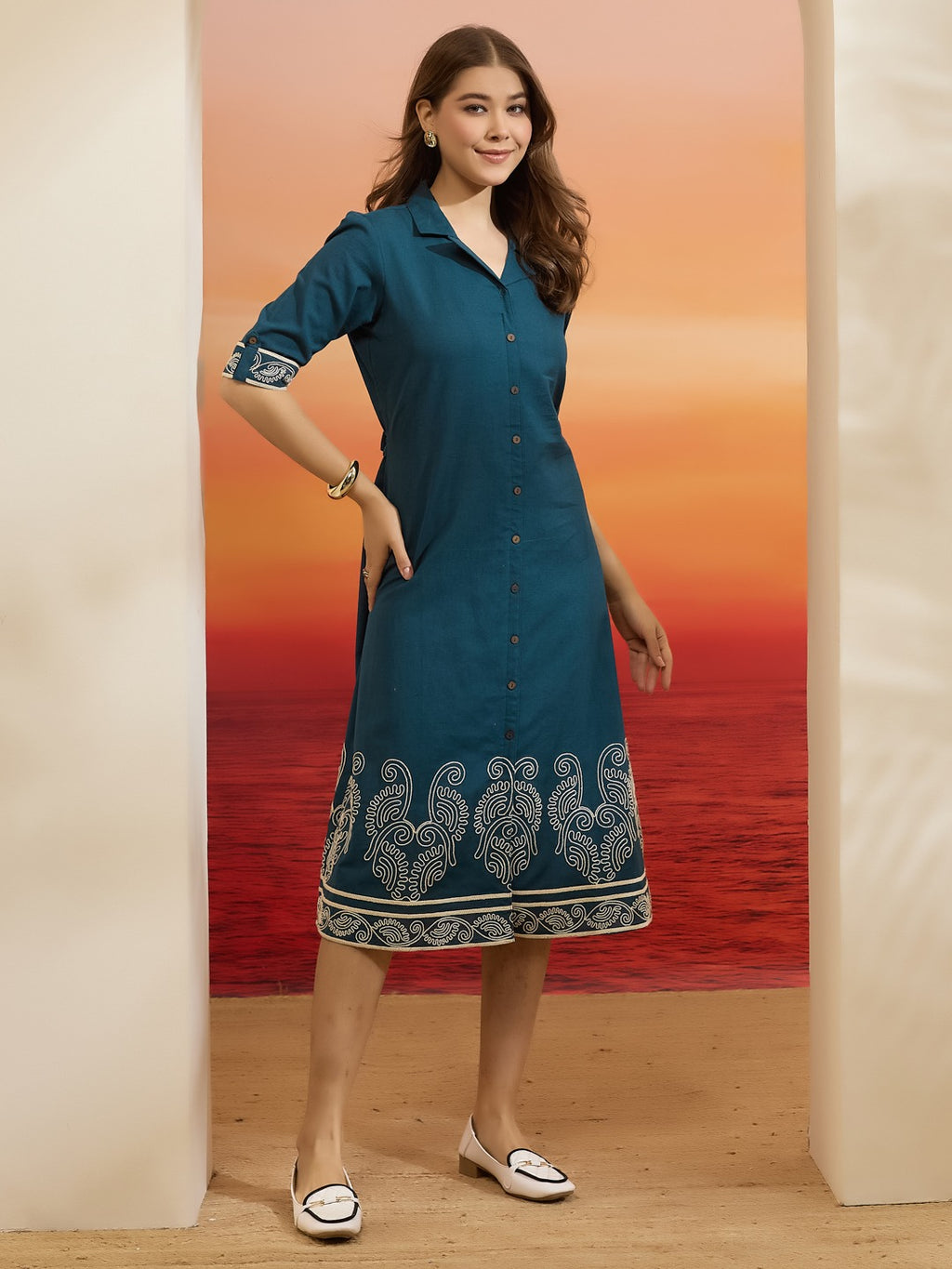 Teal Blue Embroidered Cotton Flex Dress with Collared Neck & Front Buttons