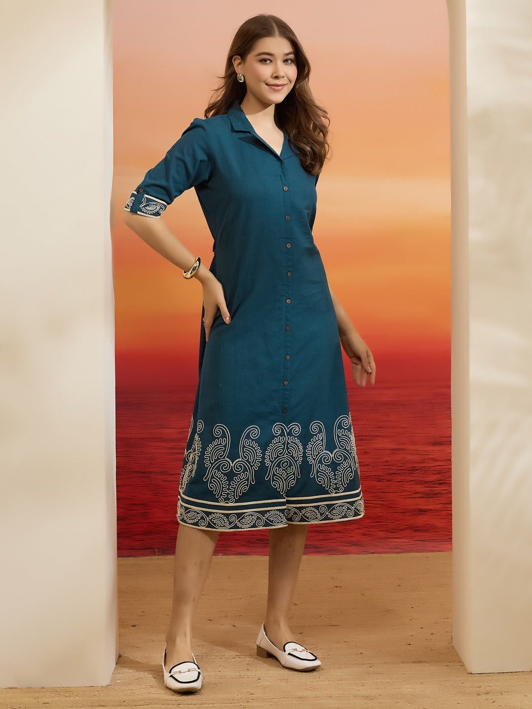 Teal Blue Embroidered Cotton Flex Dress with Collared Neck & Front Buttons
