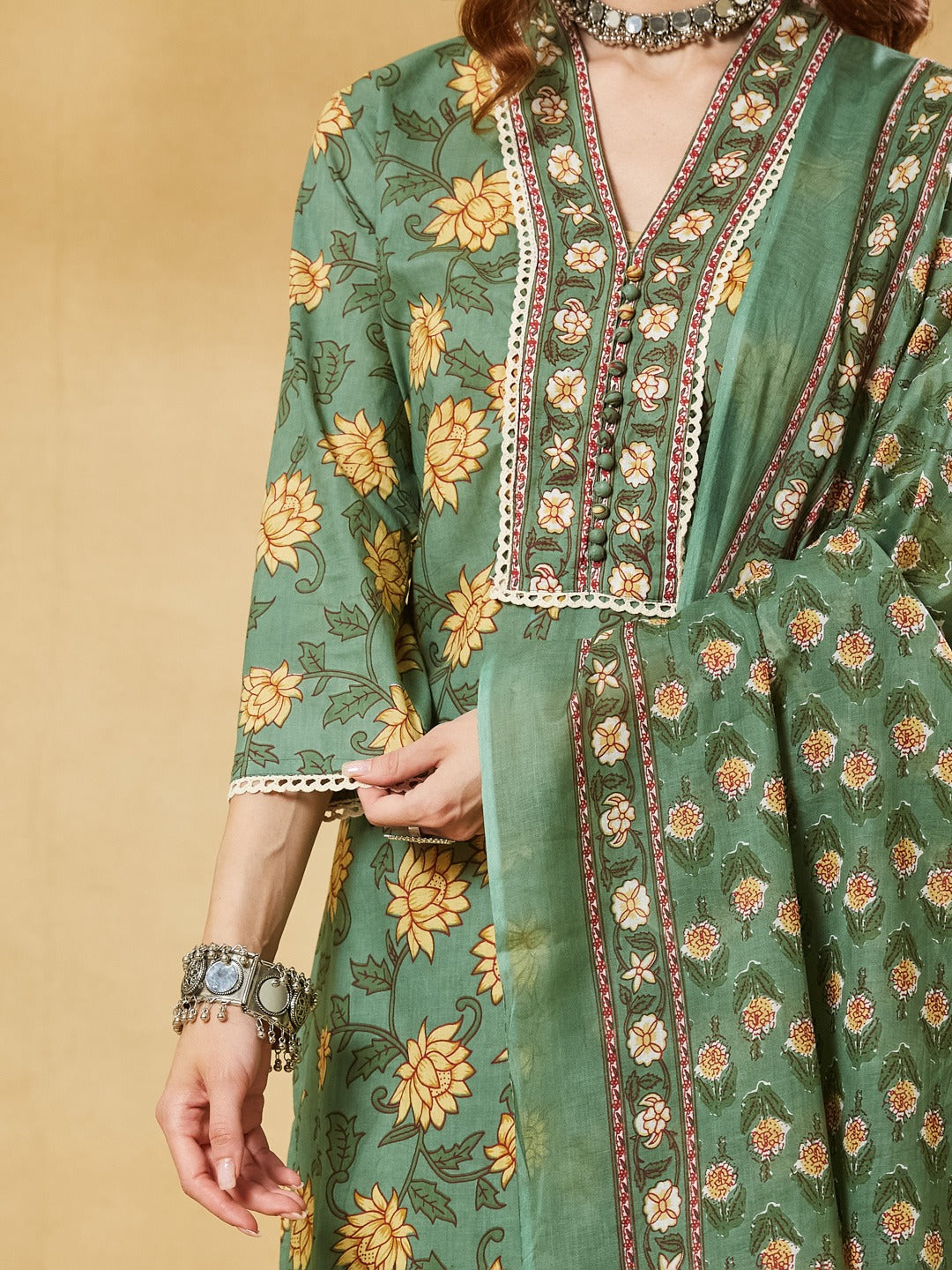 Green A-Line Kurta Pant Set With Dupatta