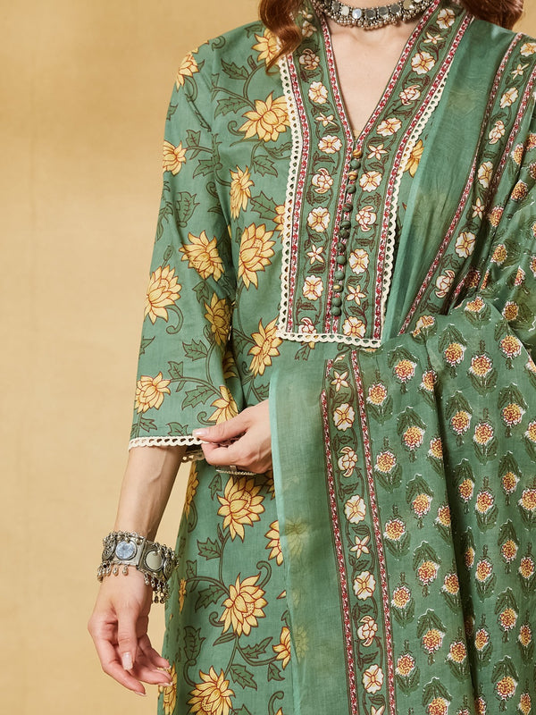 Green A-Line Kurta Pant Set With Dupatta
