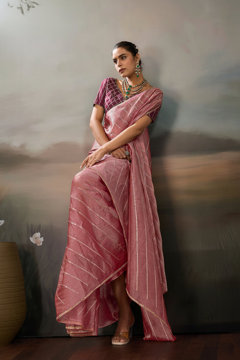 Grainy Moss Chiffon Saree with Cutdana Border & Heavy Embroidered Blouse