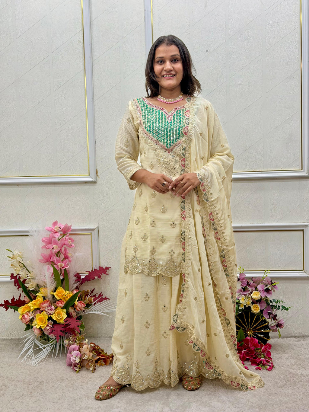 Gleam in Opulence: Fully Stitched Chinon Silk Sharara Suit Set with Emerald Yoke & Mirror Diamond Handwork