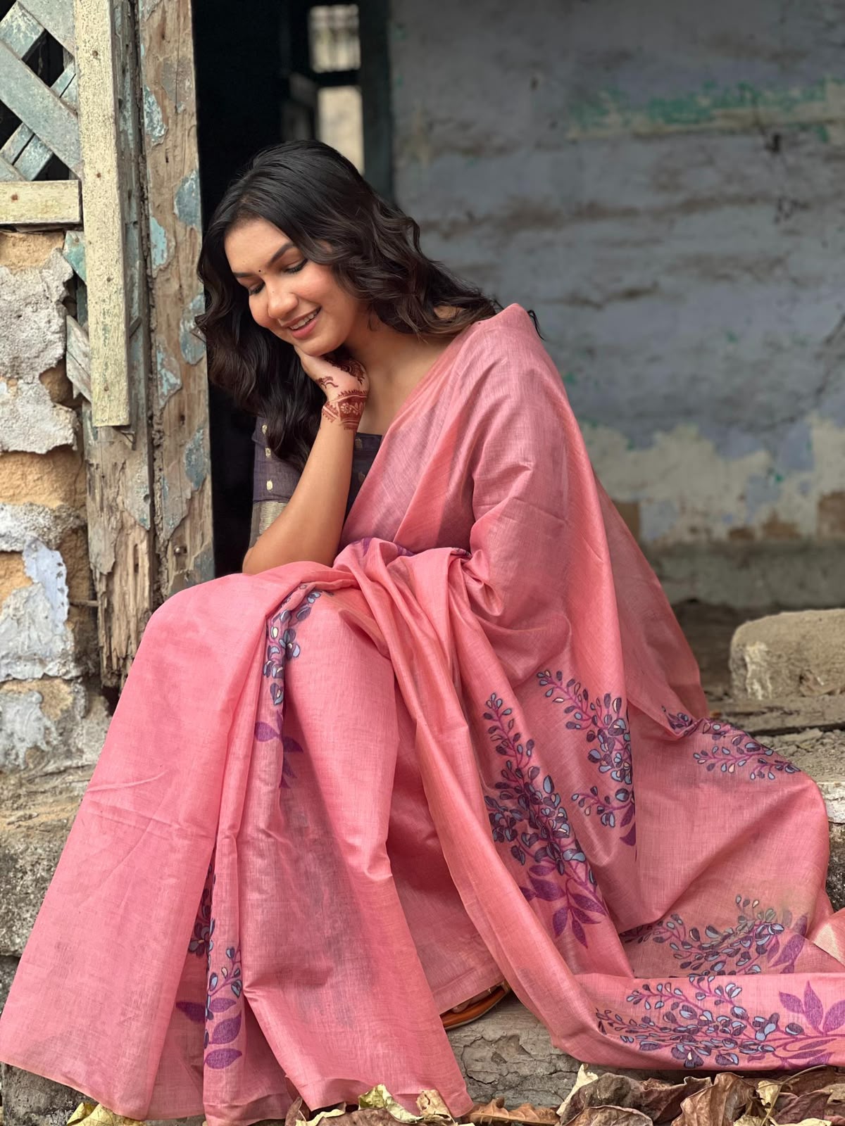 Premium Soft Muga Silk Saree with All-Over Floral Weaving & Contrast Blouse