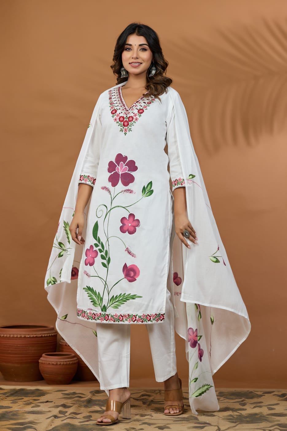 Handcrafted Mal Cotton Floral Embroidered Suit Set