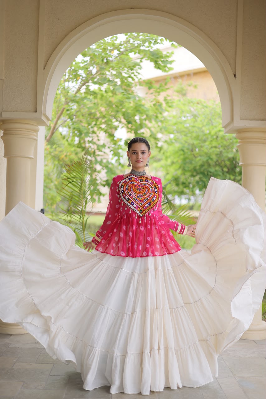 Kutchi Gamthi Patchwork Bandhani Top with Tiered Kora Cotton Lehenga