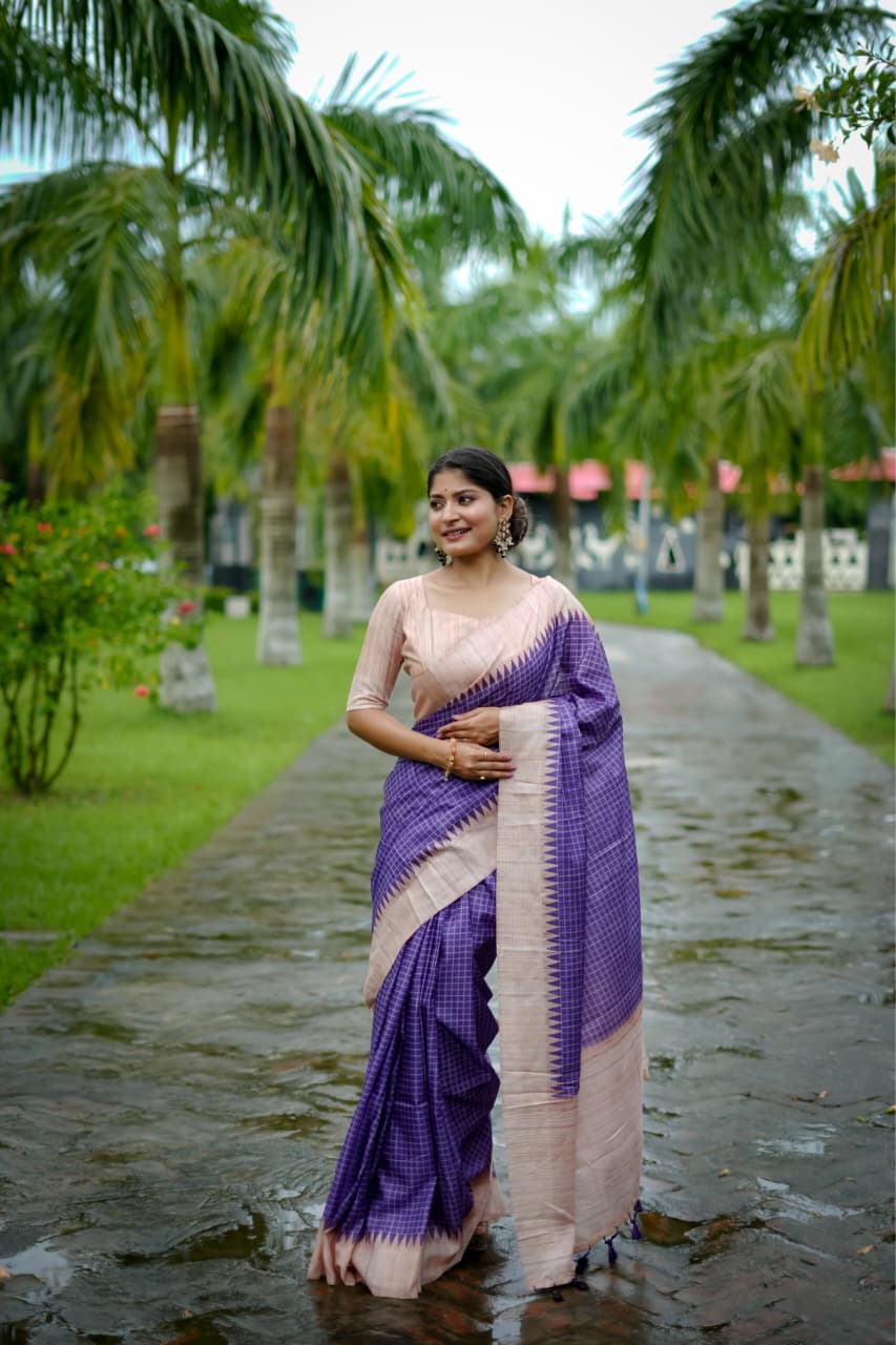Soft Tussar Silk Saree with Kantha Weave Contrast Border & Check Print
