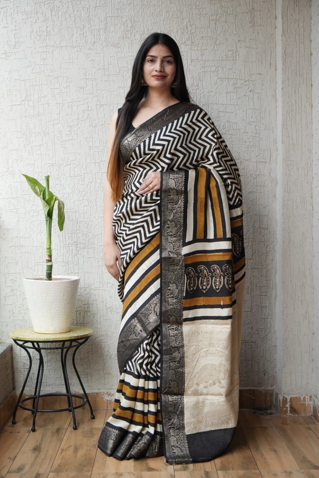 Pure Dola Silk Ajrakh Hand Block Printed Saree with Elegant Printed Blouse