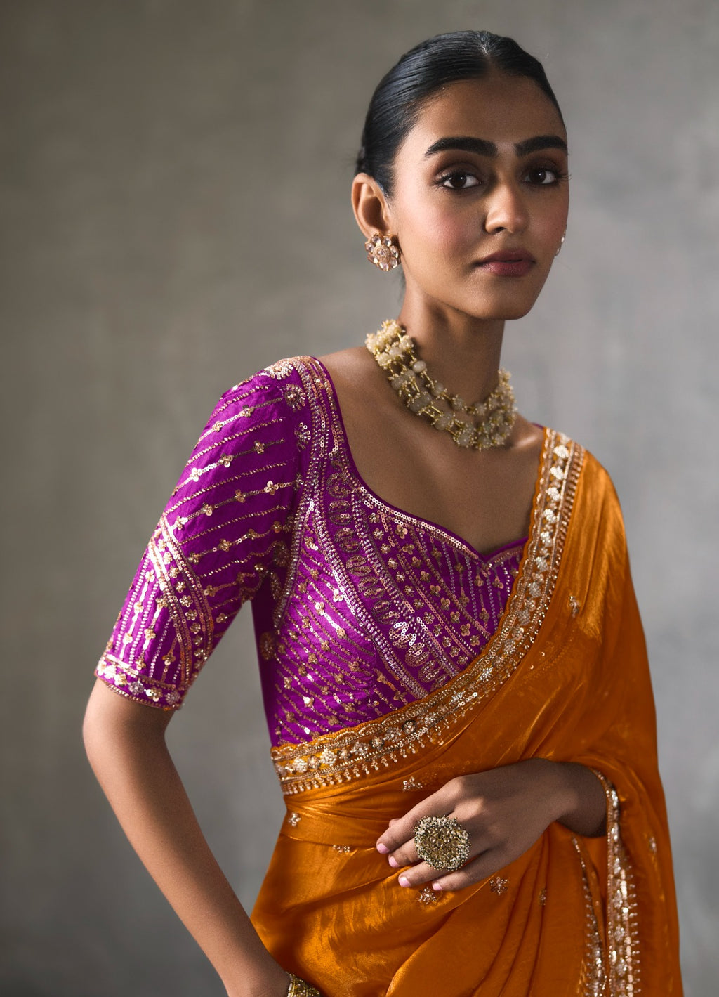 Embellished Sheer Silk Saree with Heavy Contrast Work Blouse