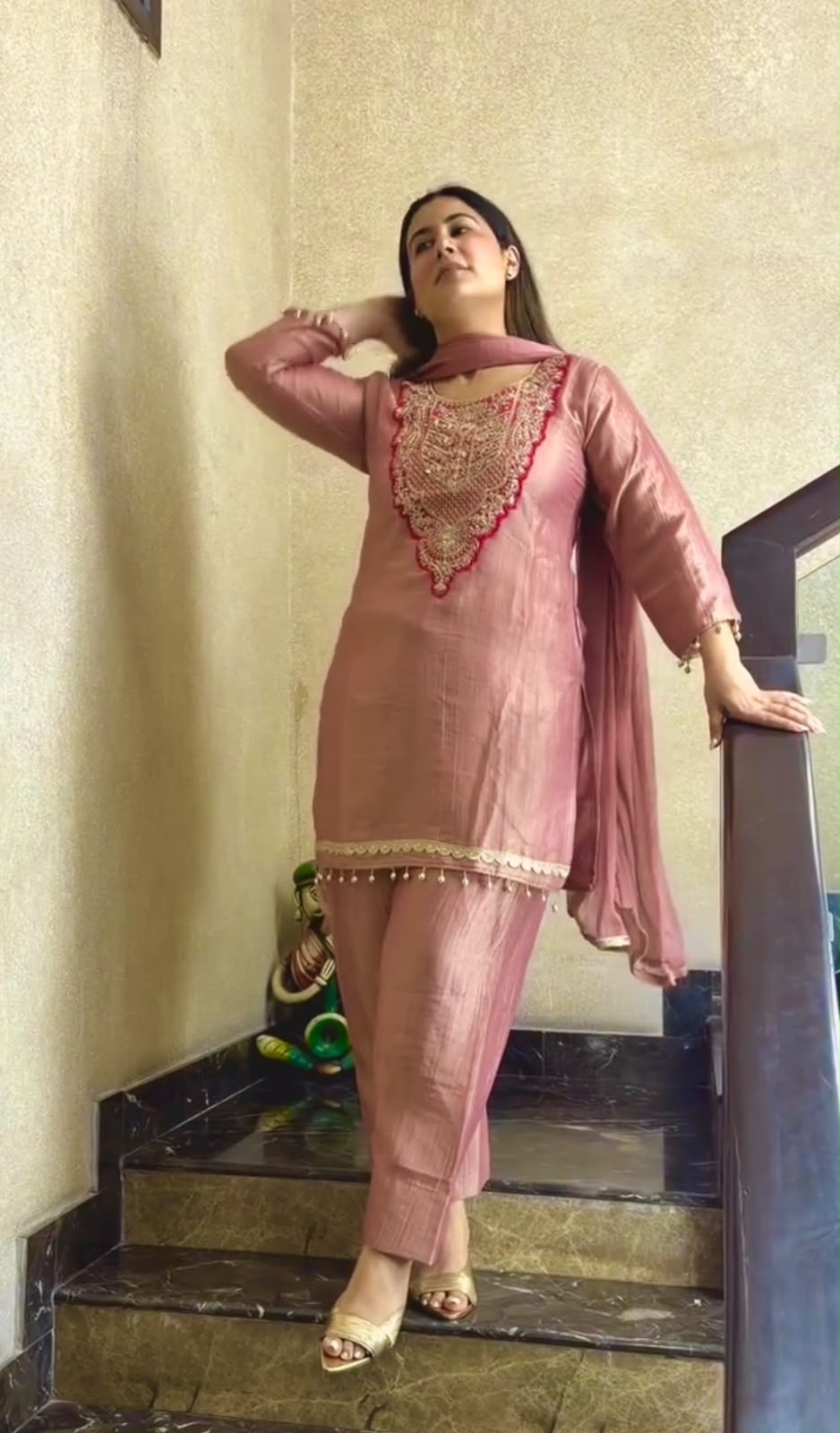 Pure Tissue Salsa Sequence Embroidered 3-Piece Kurti Set with Plazo & Dupatta