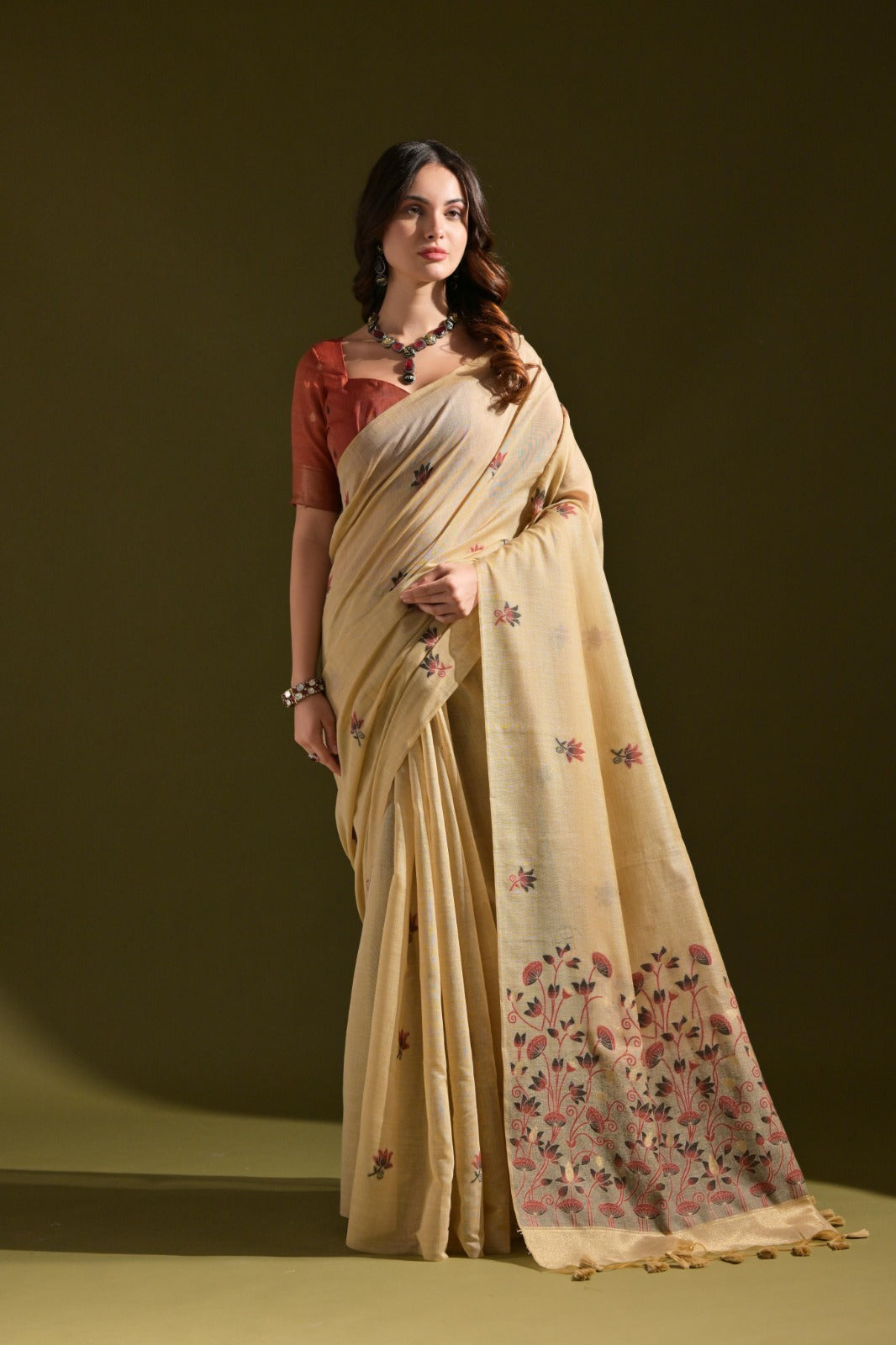 Designer Muga Cotton Saree – Intricate Resham Weave & Pichwai Inspired Motif