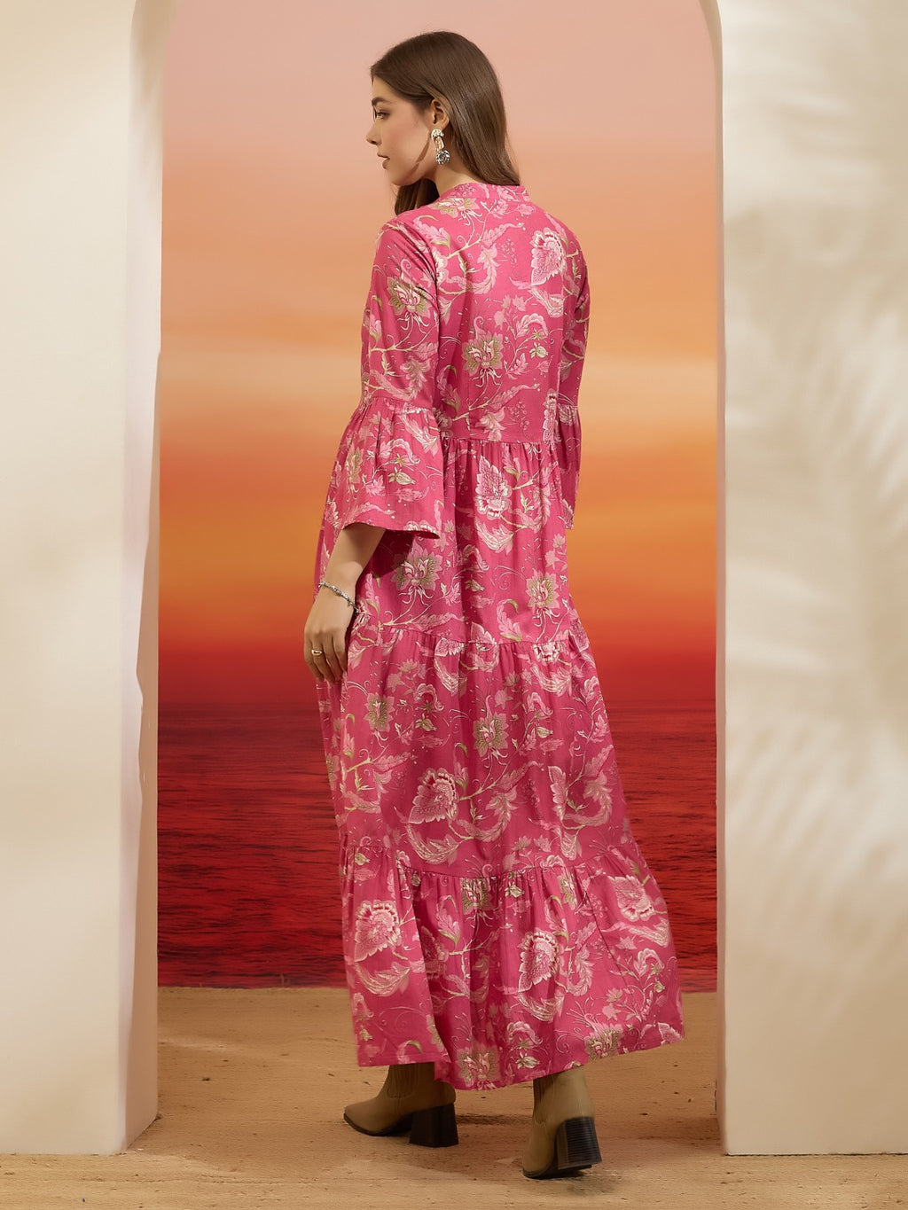 Pink Floral Printed Pure Cotton Tiered Flared Dress