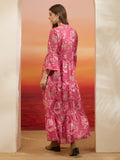 Pink Floral Printed Pure Cotton Tiered Flared Dress
