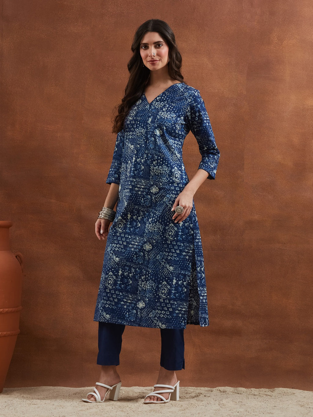 Deep Navy Blue Floral & Geometric Printed Cotton Kurta Pant Set