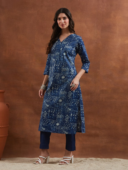 Deep Navy Blue Floral & Geometric Printed Cotton Kurta Pant Set