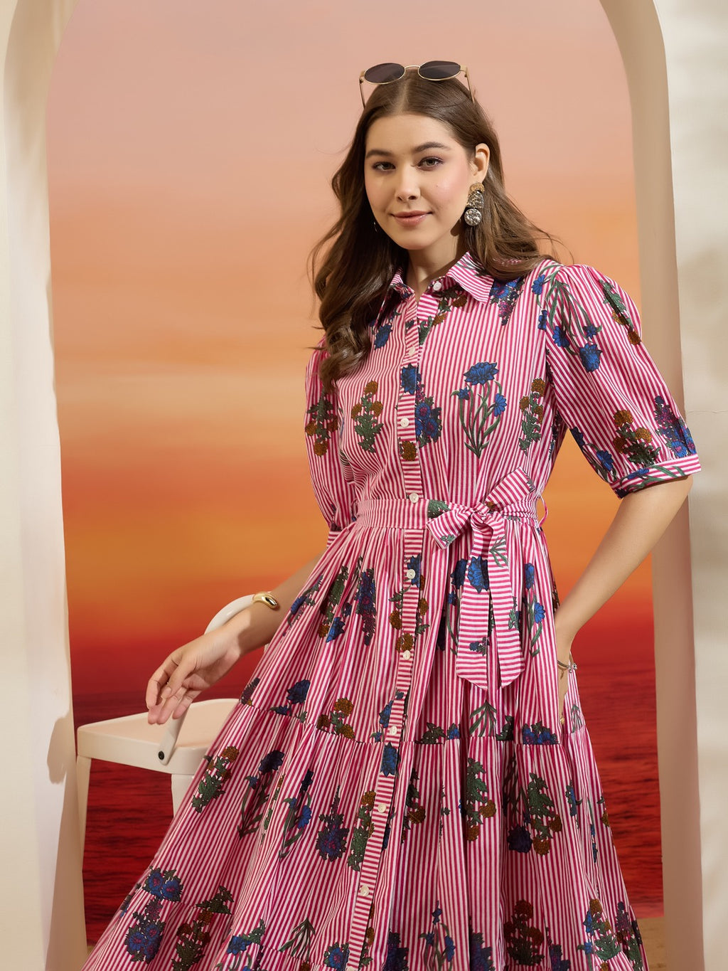 Pink Floral & Striped Pure Cotton Shirt Dress with Belt & Pockets