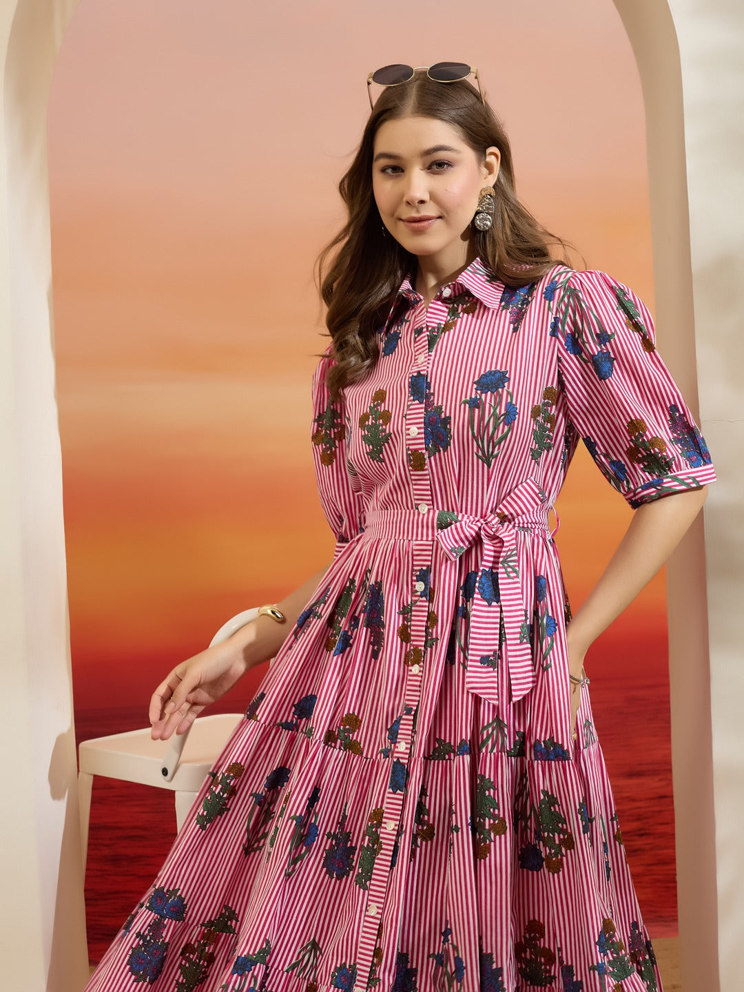 Pink Floral & Striped Pure Cotton Shirt Dress with Belt & Pockets