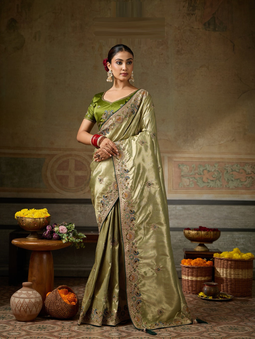 Designer Banarasi Silk Jacquard Saree with Zarkan & Pearl Handwork with Contrast Blouse