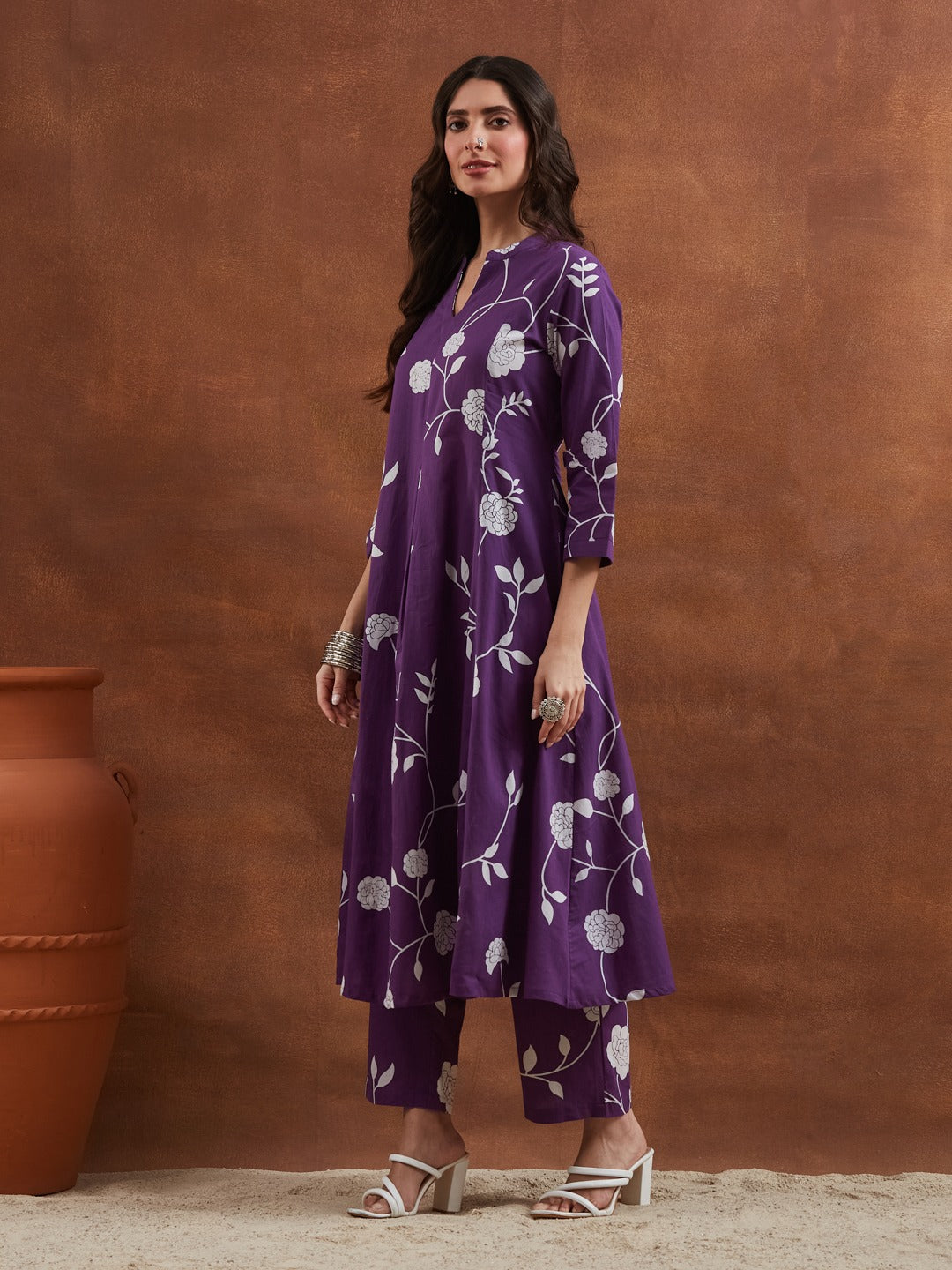 Purple Cotton Printed Anarkali Kurta Set with Mandarin Split V-Neck