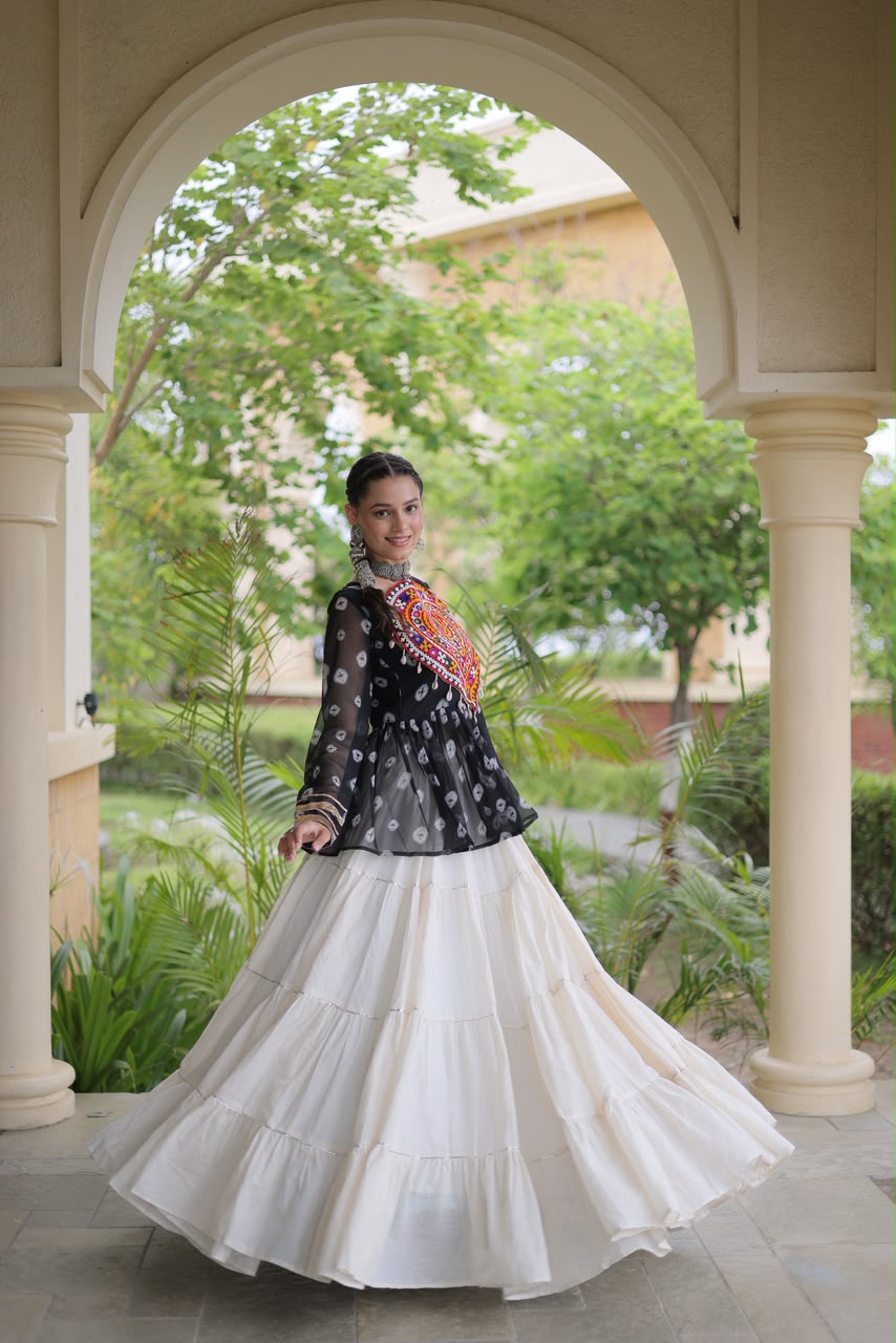 Kutchi Gamthi Patchwork Bandhani Top with Tiered Kora Cotton Lehenga