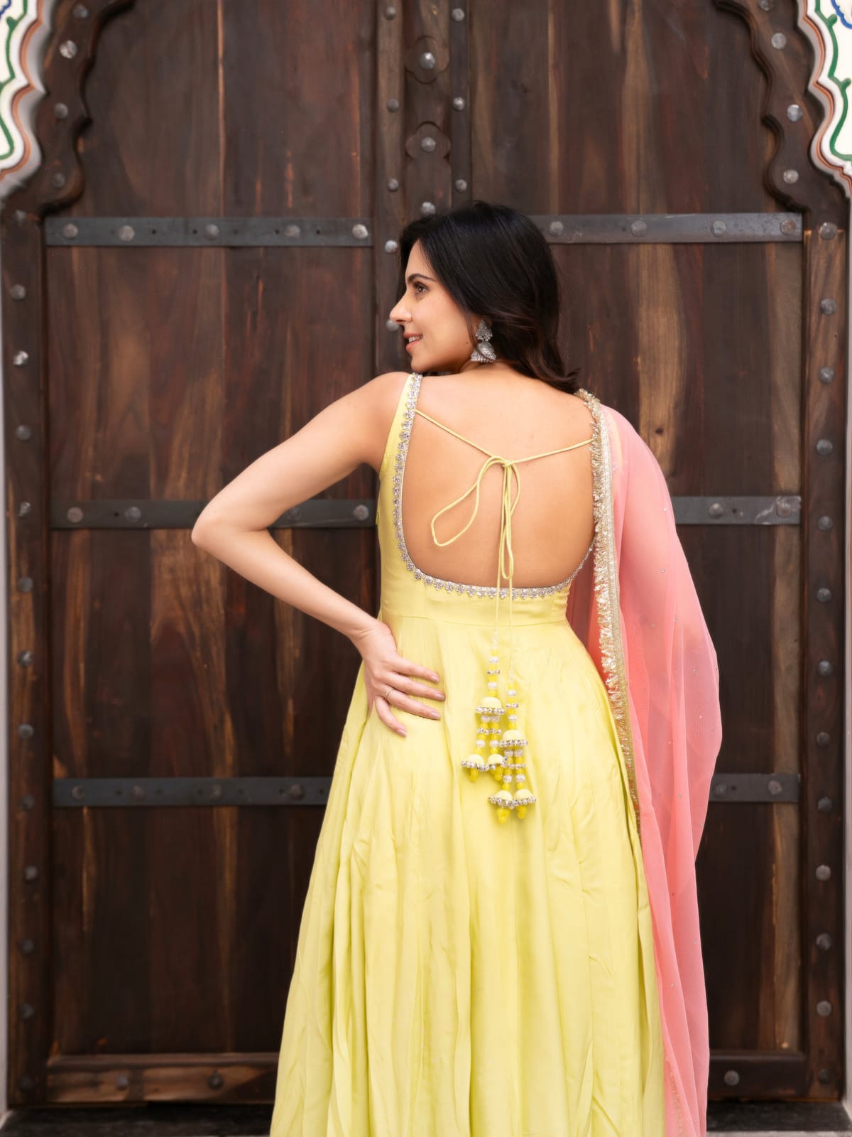 Pastel Yellow Georgette Anarkali Set with Peach Dupatta | Silver Lace