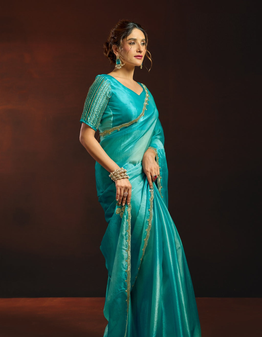 Dual-Tone Digital Shaded Fandy Satin Saree with Intricate Beadwork Border
