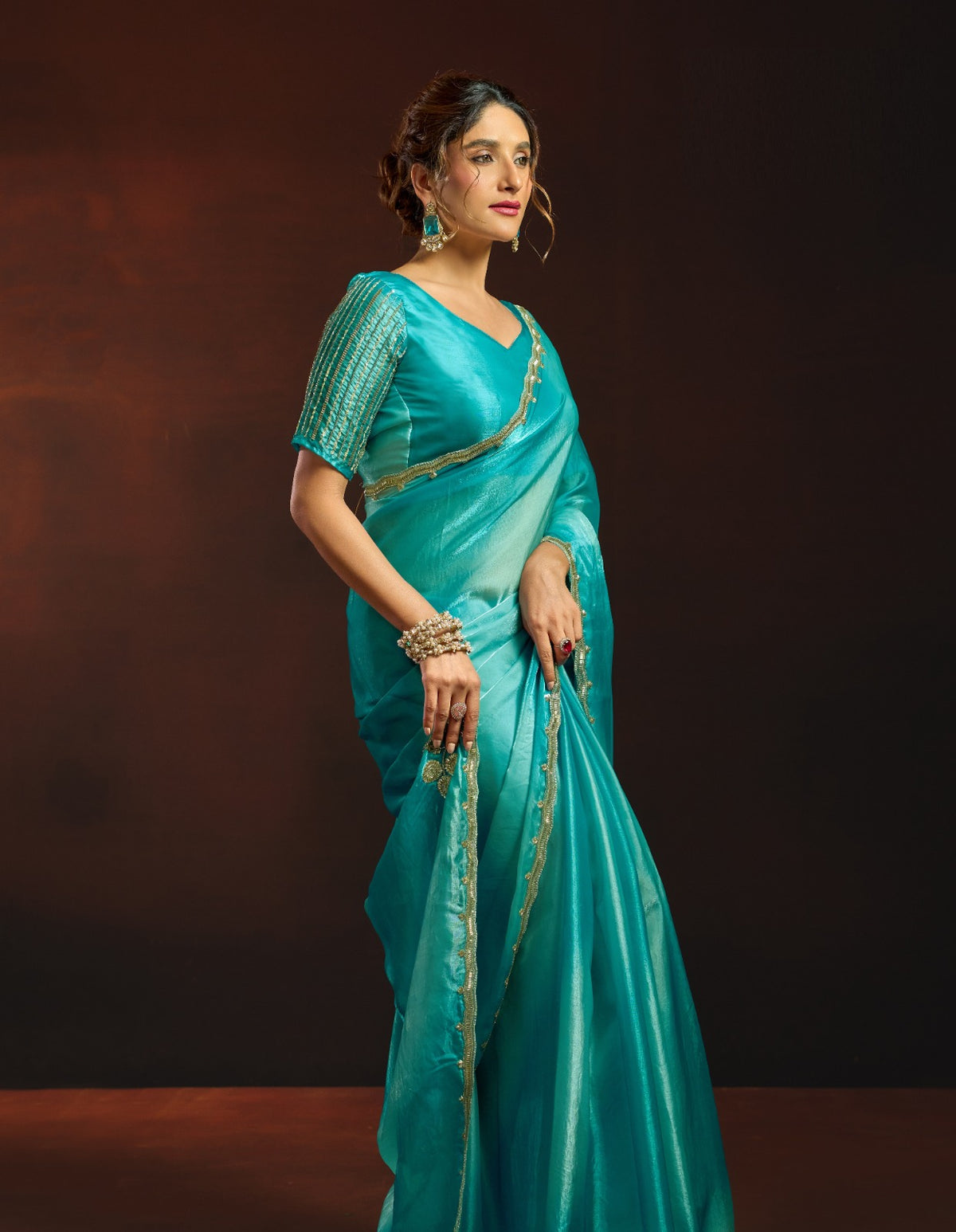 Dual-Tone Digital Shaded Fandy Satin Saree with Intricate Beadwork Border