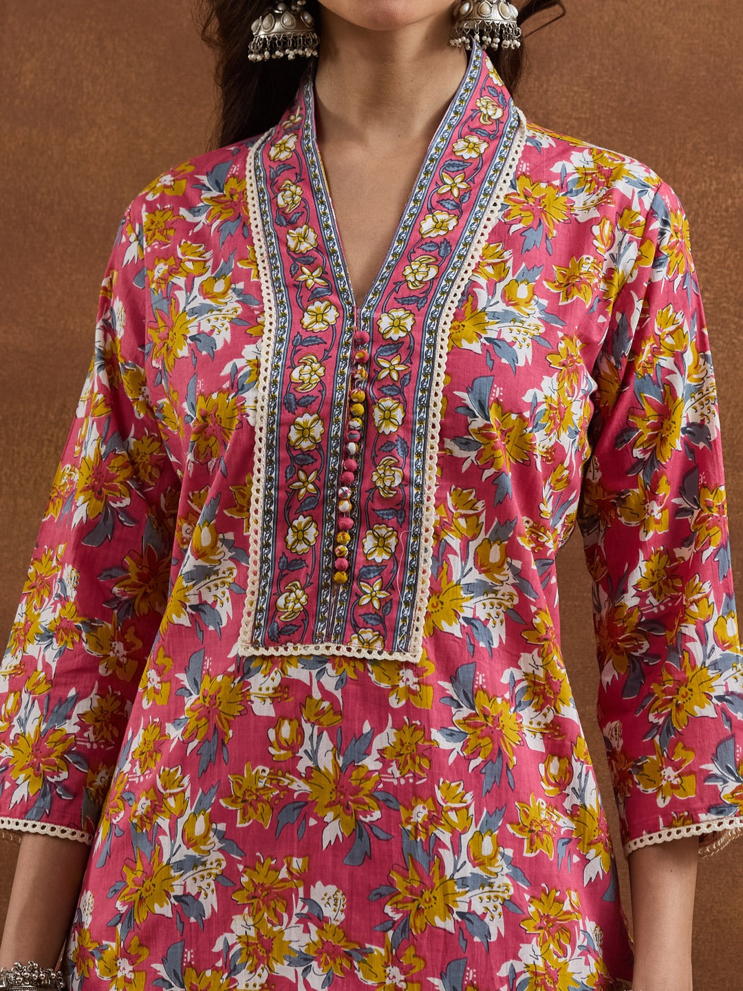 Pink Floral V-Neck Cotton Kurta Set with Matching Dupatta