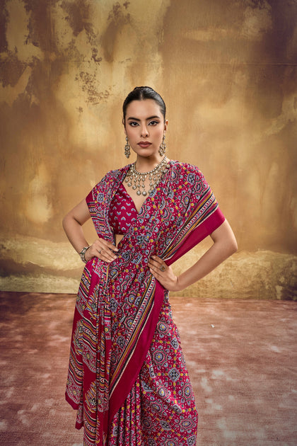 Ajrakh Printed Modal Satin Sarees with Matching Blouse