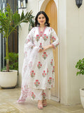 Woman in white floral print Indian ethnic kurta set with dupatta