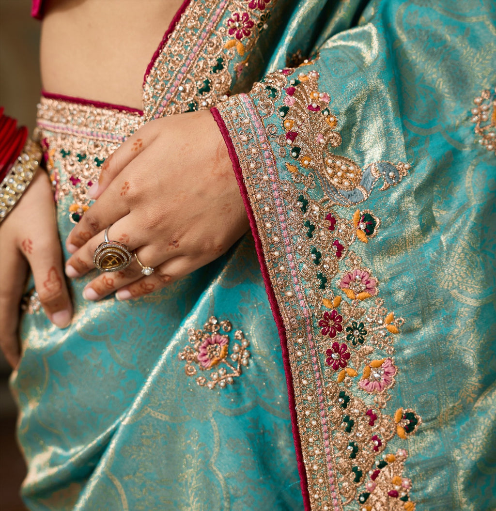 Designer Banarasi Silk Jacquard Saree with Zarkan & Pearl Handwork with Contrast Blouse