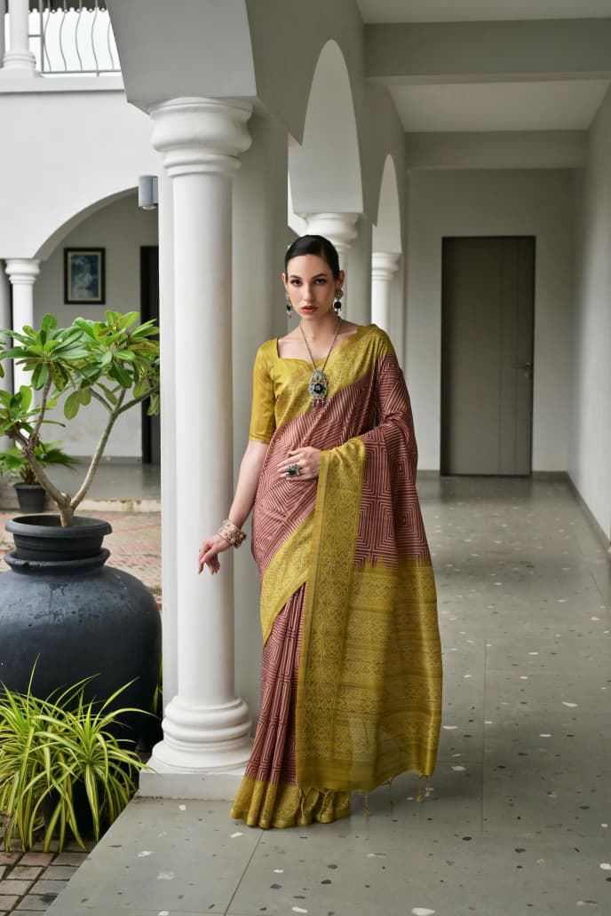 Soft Desi Tussar Silk Saree with Traditional Ikkat Pallu & Tassels