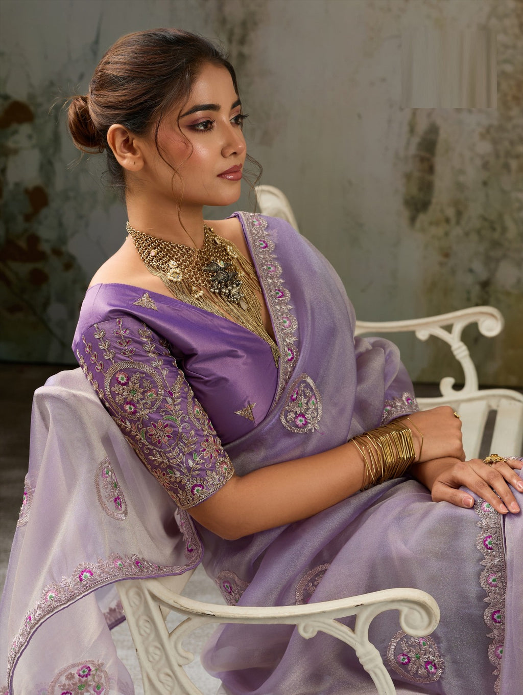 Metallic Tissue Saree with Pita Zari & Antique Sleeve-Embroidered Satin Blouse