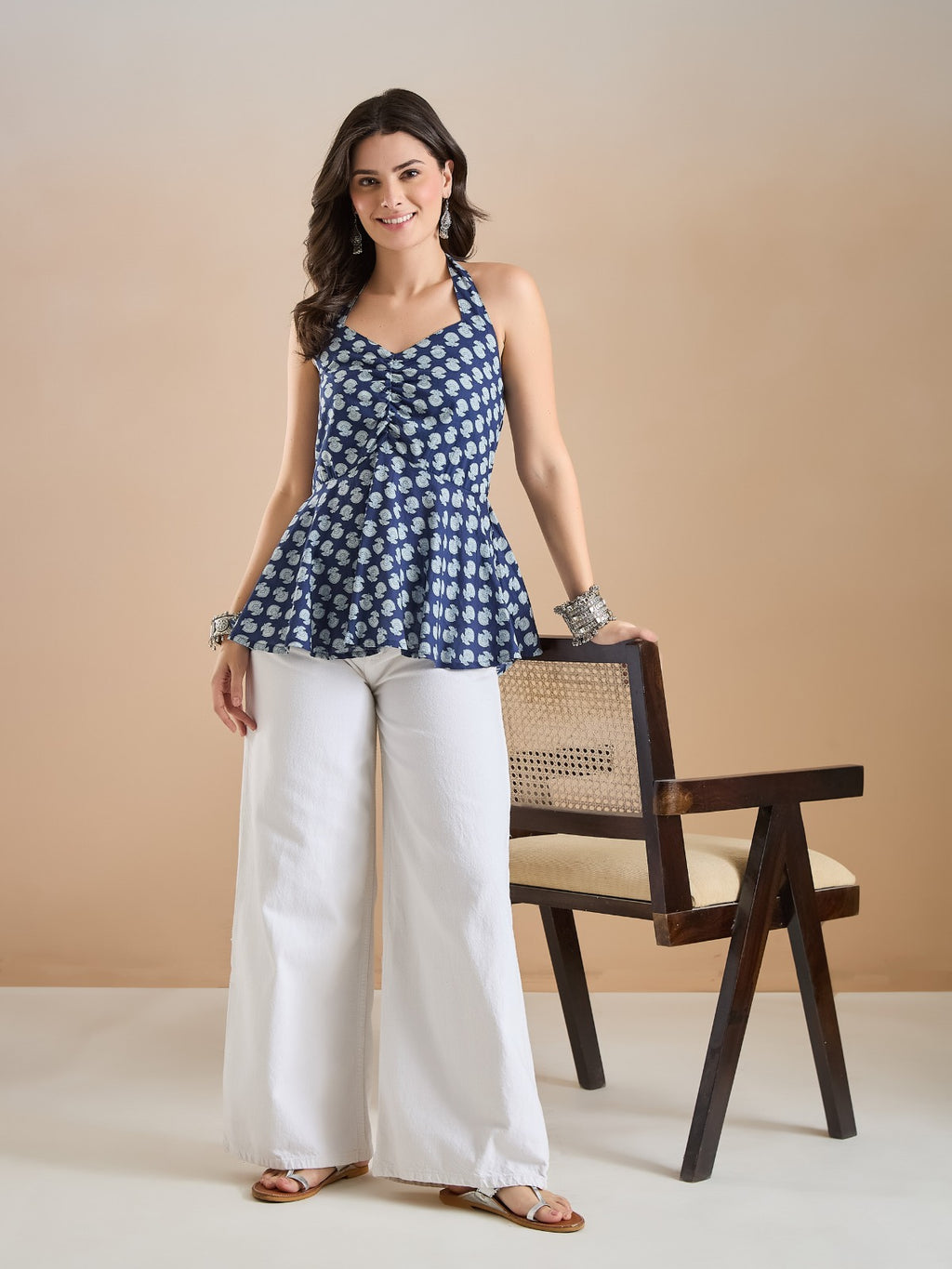 Women Floral Print Pure Cotton Peplum Fit Blue Top
