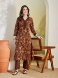 Women Floral Printed Pure Cotton Straight Fit Brown Kurta with Pants