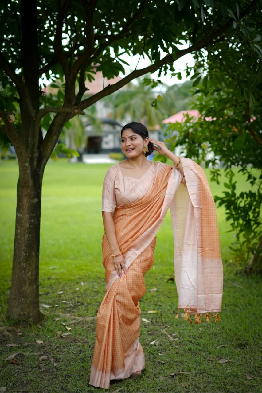 Soft Tussar Silk Saree with Kantha Weave Contrast Border & Check Print