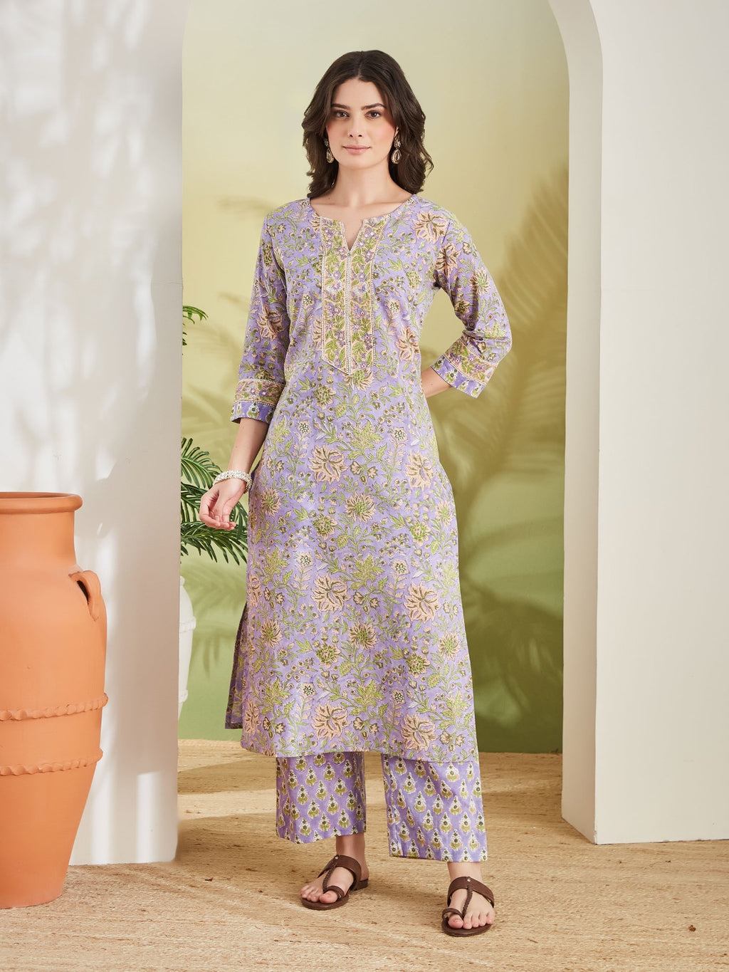 Women Hand block Printed Straight Fit Purple Kurta with Trousers & Dupatta