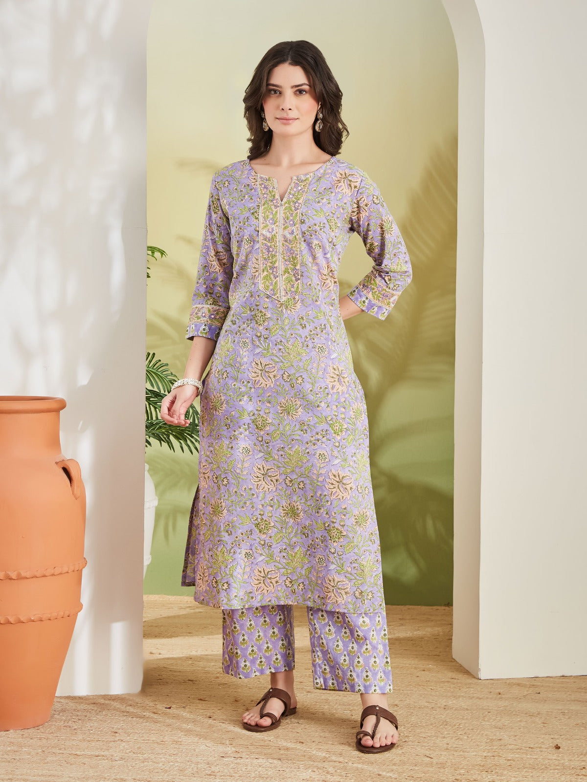 Women Hand block Printed Straight Fit Purple Kurta with Trousers & Dupatta
