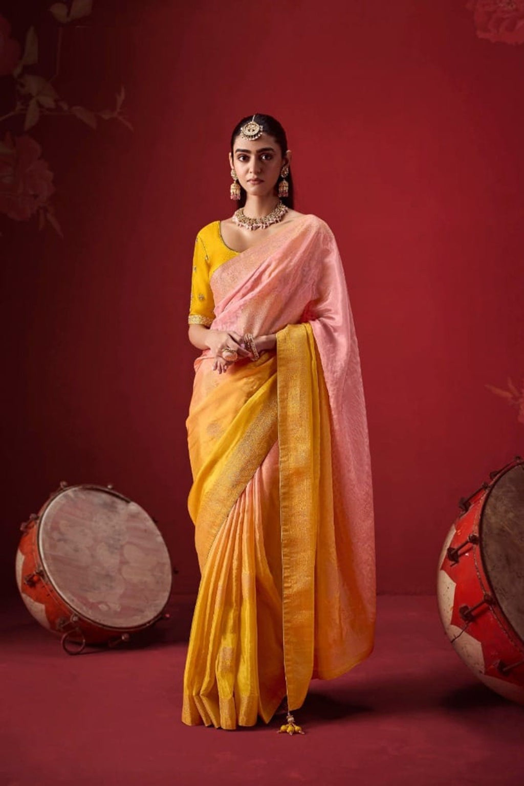 Ombré Dola Crape Silk Saree with Handcrafted Kundan Blouse