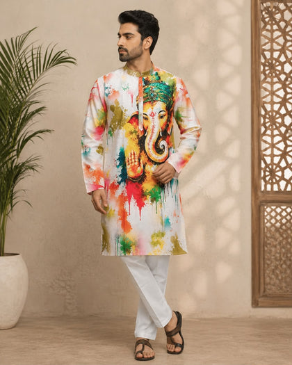 Man wearing a white Indian kurta with a colorful Lord Ganesha print and white trousers.