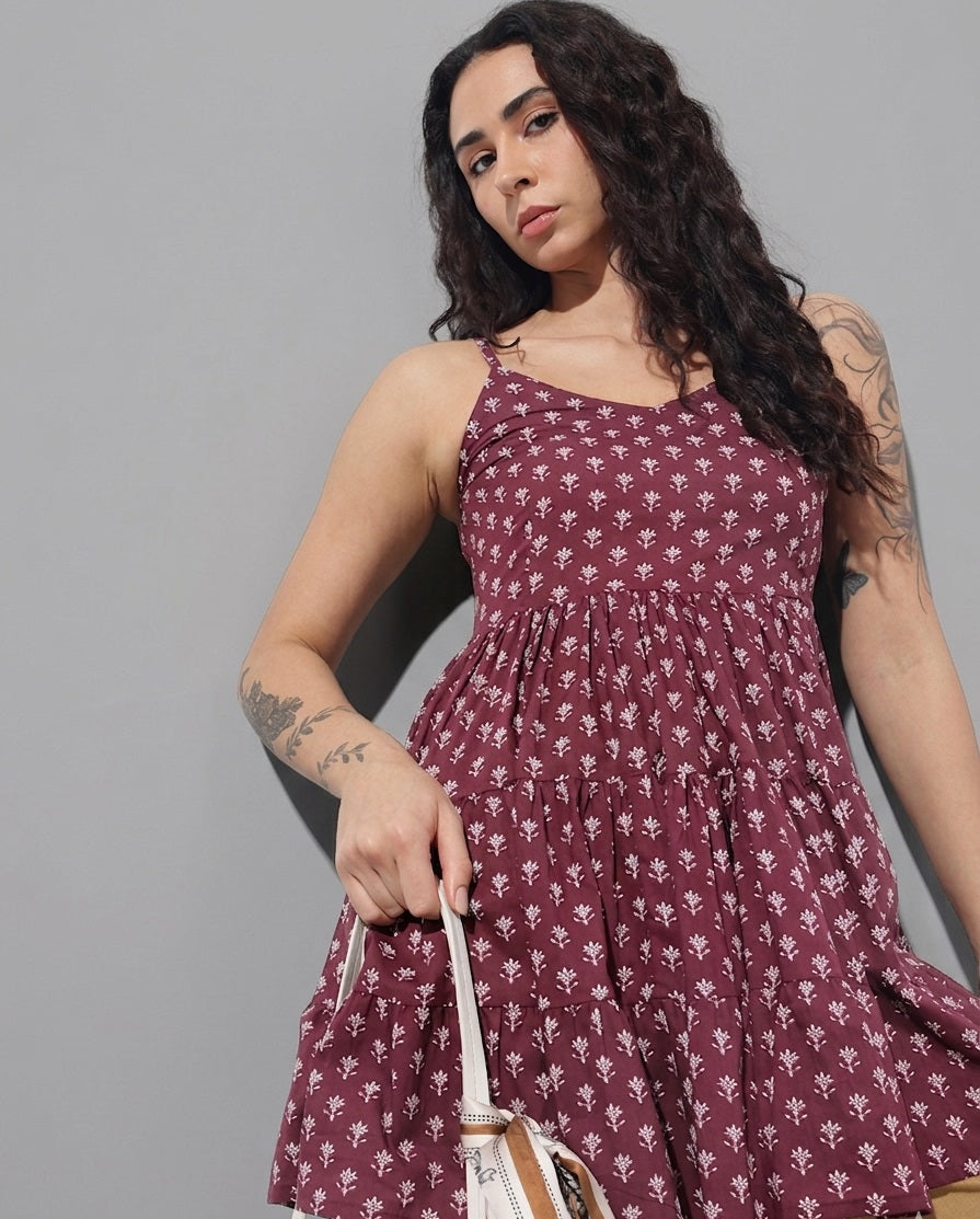Burgundy Floral Shoulder Straps Gather Tier Top
